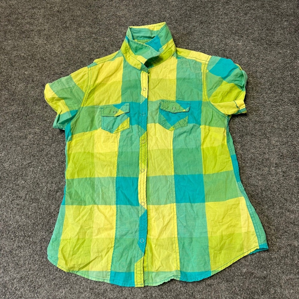 Faded Glory Shirt Womens Size S Green Yellow Plaid Short Sleeve Snap Cotton